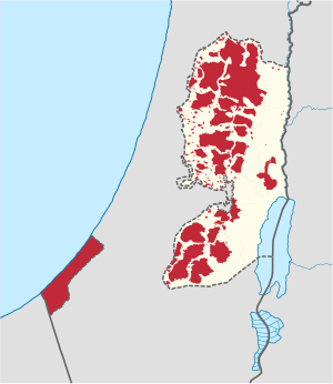 A map of the West Bank and Gaza strip highlighting administrative domains of the Palestinian authority in red.