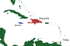 Map of the Caribbean, showing Tobago, Hispaniola and Jamaica