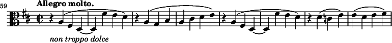 
\relative c' {
  \key d \major \time 2/2 \tempo "Allegro molto." \clef C
  \set Staff.midiInstrument = "violin"
  \set Score.tempoHideNote = ##t \tempo 1 = 88
  \set Score.currentBarNumber = #59 \bar ""
 r4_\markup{ \italic { non troppo dolce } } a( fis d~ d fis' e d) r a( g b a cis d e)
 r a,( fis d~ d fis' e d) r d( c e) e( d e fis) }
