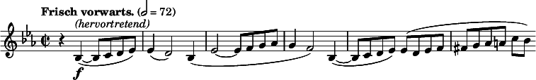  \new Staff \relative c' {
  \clef treble \time 2/2 \key ees \major \tempo "Frisch vorwarts." 2=72
  r4 bes-\f^\markup{\italic "(hervortretend)"}~(bes8 c d ees) ees4(d2)
  bes4(ees2~ees8 f g aes g4 f2) bes,4(~bes8 c d ees) ees(d ees f fis g aes a c[bes])
} 