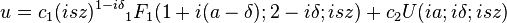 u=c_1(isz)^{1-i\delta}{}_1F_1(1+i(a-\delta);2-i\delta;isz)+c_2 U(ia;i\delta;isz)