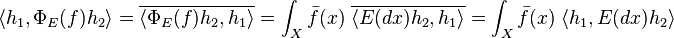  
\langle h_1, \Phi_E (f) h_2 \rangle = \overline{\langle \Phi_E(f) h_2, h_1 \rangle} = \int _X {\bar f}(x) \; \overline{\langle E(dx) h_2, h_1 \rangle} =  \int _X {\bar f}(x) \; \langle h_1, E(dx) h_2 \rangle
