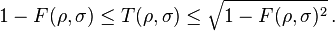 
1-F(\rho,\sigma) \le T(\rho,\sigma) \le\sqrt{1-F(\rho,\sigma)^2} \, .
