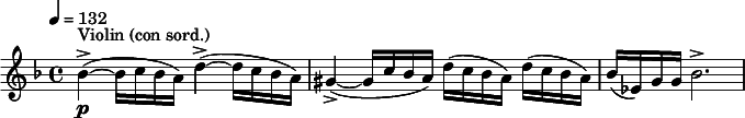 
  \relative c'' { \clef treble \time 4/4 \key d \minor \tempo 4 = 132 bes\p->~(^"Violin (con sord.)" bes16 c bes a) d4->~( d16 c bes a) | gis4->~( gis16 c bes a) d( c bes a) d( c bes a) | bes( ees,) g g bes2.-> }
