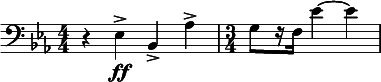   \relative c { \clef bass \key ees \major \numericTimeSignature \time 4/4 r4 ees->\ff bes-> aes'-> | \time 3/4 g8[ r16 f] ees'4~ | ees } 