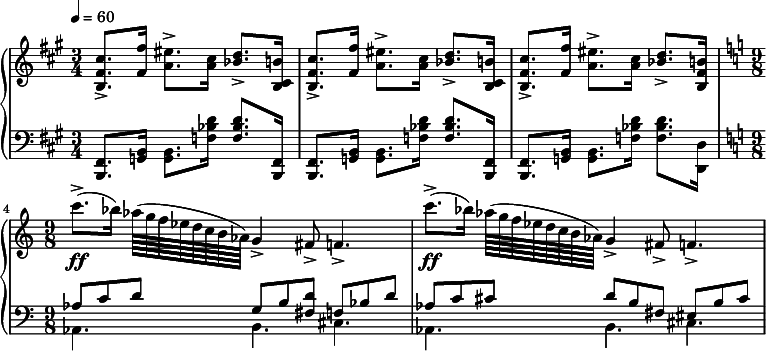 
{  \new PianoStaff <<
    \new Staff \relative c' { \clef treble \time 3/4 \key fis \minor \tempo 4 = 60 <cis' fis, b,>8.-> <fis fis,>16 <eis a,>8.-> <cis a>16 <d bes>8.-> <b cis, b>16 | <cis fis, b,>8.-> <fis fis,>16 <eis a,>8.-> <cis a>16 <d bes>8.-> <b cis, b>16 | <cis fis, b,>8.-> <fis fis,>16 <eis a,>8.-> <cis a>16 <d bes>8.-> <b fis b,>16 | \time 9/8 \key a \minor c'8.->(\ff[ bes16)] aes64([ g f ees d c b aes)] g4-> fis8-> f4.-> | c''8.->(\ff[ bes16)] aes64([ g f ees d c b aes)] g4-> fis8-> f4.-> }
    \new Staff \relative c { \clef bass \time 3/4 \key fis \minor <fis, b,>8. <b g>16 <b g>8. <d' bes f>16 <d bes f>8. <fis,, b,>16 | <fis b,>8. <b g>16 <b g>8. <d' bes f>16 <d bes f>8. <fis,, b,>16 | <fis b,>8. <b g>16 <b g>8. <d' bes f>16 <d bes f>8. <d, d,>16 | \time 9/8 \key a \minor << { aes'8 c d g, b <d fis,> f, bes d | aes8 c cis d b fis eis b' cis } \\ { aes,4. b cis | aes4. b cis } >> } >> }
