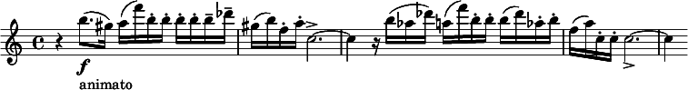 
  \relative c'' { \clef treble \time 4/4 \key c \major r4 b'8.(\f_"animato" gis16) a( f') b,-. b-. b-. b-. b-- des-- | gis,( b) f-. a-. c,2.->~ | c4 r16 b'( aes des) a( f') b,-. b-. b( des) aes-. b-. | f( a) c,-. c-. c2._>~ | c4 }
