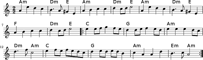 
<<
  \chords { a1:m d2:m e a1:m d2:m e a1:m d2:m e f1 d2:m e
            c1 g1 a1:m d2:m a:m c1 g a:m e2:m a:m }
  \relative c'' {
    \numericTimeSignature
    \key a \minor
    \time 2/2
      a4 e' d c | b4. a8 gis4 e |
      a b c c | d c8[ d] e2 |
      a,4 e' d c | b4. a8 gis4 e | 
      a b c c | d c8[ d8] e2 |
      % \bar "||"
      \repeat volta 2 {
        e4 e8[ f] g4 f8[ e] | d4 d8[ e] f4 e8[ d] |
        e4 e e d8[ c] | d4. f8 c2 |
        e4 f8[e] f[ e d c ] | d4 e8[ d] e8[ d] b4 | 
        c a a d | b4. c8 a2
      }
  }
>>
