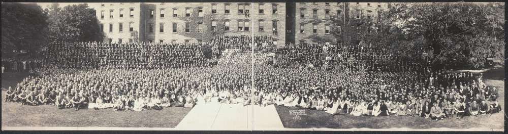 Students sit outside Pennsylvania State College, circa 1922