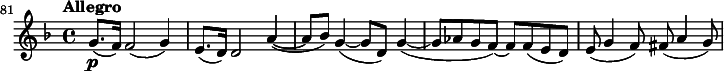 
\relative c' {
   \key d \minor \time 4/4 \tempo "Allegro"
  \set Staff.midiInstrument = "violin"
  \set Score.tempoHideNote = ##t \tempo 4 = 128
  \set Score.currentBarNumber = #81 \bar ""
 g'8.\p( f16) f2( g4) e8.( d16) d2 a'4(~ a8 bes) g4(~ g8 d) g4(~ g8 aes g f)~ f f(e d) e( g4 f8) fis( a4 g8) }

