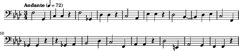 
  \relative c { \clef bass \time 3/4 \key f \minor \tempo "Andante" 4 = 72 f2 g,4 | c c r | f2 ges,4 | des' des r | c2 aes4 | ees' ees r | des2 bes4~ | bes des ees | c2 f,4 | ges ges r | r ges aes | bes2 des4 | c2 f,4 | aes aes r | des2 e,4 | aes2 g4 | f f r }
