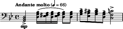  \relative c { \clef bass \time 4/4 \tempo "Andante molto" 4=66 \key bes \major <d bes g>2->\mp <bes' g d>16( <a fis ees> <bes g d> <a fis ees> <bes g d>8) <bes g d> | <d bes g>-- <cis a ees>-- <d bes g>-- <bes g d>-- <c f, c>2-> |} 