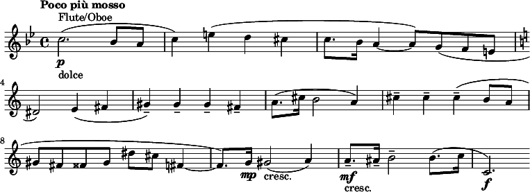 
  \relative c'' { \clef treble \time 4/4 \key bes \major \tempo "Poco più mosso" c2.(\p^"Flute/Oboe"_"dolce" bes8 a | c4) e( d cis | c8. bes16 a4~ a8) g( f e | \key c \major dis2) e4( fis | gis--) gis-- gis-- fis-- | a8.( cis16 b2 a4) | cis-- cis-- cis--( b8 a | gis fis fisis gis dis' cis fis,4~ | fis8.) g16\mp gis2(_"cresc." a4) | a8.--\mf_"cresc." ais16-- b2-- b8.( c16 | c,2.\f) }
