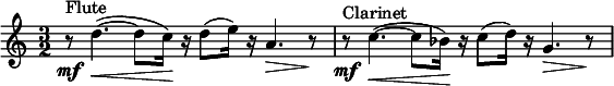 
  \relative c' { \clef treble \time 3/2 r8\mf^"Flute" d'4.~(\< d8 c16)\! r16 d8( e16) r16 a,4.\> r8\! r8\mf^"Clarinet" c4.~(\< c8 bes16)\! r16 c8( d16) r16 g,4.\> r8\!}
